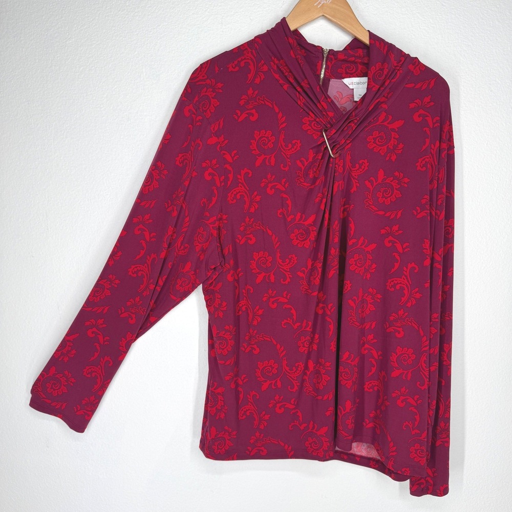 Liz Claiborne Womens 3X Damask Print Draped Hardware Neck Long‎ Sleeve Top Red